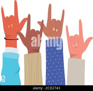 rock signe avec les mains de différents types de skins design, diversité personnes multiethnique race et thème communautaire illustration vectorielle Illustration de Vecteur