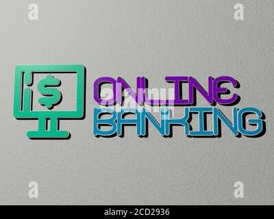 Illustration 3D de graphiques bancaires en ligne et texte fait par des lettres de dés métalliques pour les significations connexes du concept et des présentations, illustration 3D Banque D'Images