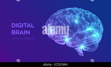 Cerveau. Cerveau numérique. Concept de science et de technologie 3D. Réseau neuronal. Test IQ, technologie de science d'émulation virtuelle d'intelligence artificielle Illustration de Vecteur