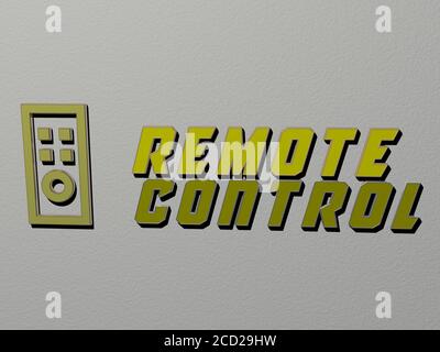 Icône de LA TÉLÉCOMMANDE et texte sur le mur, illustration 3D Banque D'Images