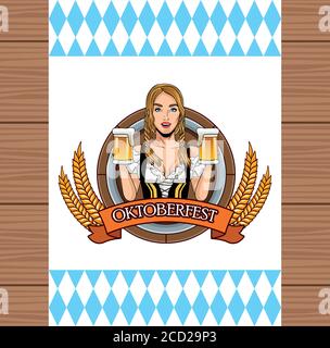 carte de célébration de l'oktoberfest avec une belle femme qui boit des bières illustration vectorielle Illustration de Vecteur