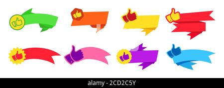 Ruban adhésif pouce vers le haut, ensemble de conception plate. Autocollants Web, dessin animé, panneau coloré. Kit d'icônes Web colorées. Bannière origami vide, collection d'étiquettes vierges, icônes décoratives. Illustration vectorielle isolée Illustration de Vecteur