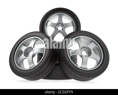 Roues avec pneus neufs sur fond blanc Banque D'Images