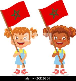 Drapeau marocain en main. Drapeau de retenue des enfants. Drapeau national du Maroc vecteur Illustration de Vecteur