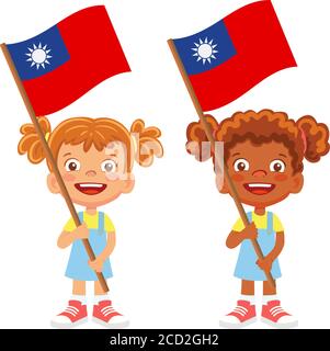 Drapeau de Taïwan en main. Drapeau de retenue des enfants. Drapeau national de Taïwan vecteur Illustration de Vecteur
