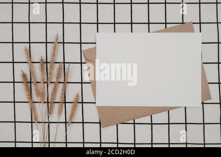 Papier blanc vierge sur enveloppe en papier marron avec fleur sèche de queue d'bœuf de Brihly et boîte carton sur tissu blanc avec motif de grille noir. Maquette de horizontale Banque D'Images