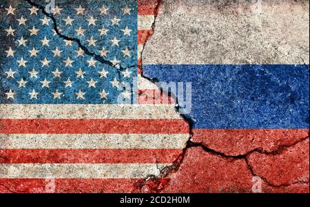 Illustration de l'indicateur de pays de grunge (fond en béton fissuré) / Etats-Unis contre la Russie (conflit politique ou économique) Banque D'Images
