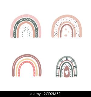 Noeuds tendance en forme de bohémien dans différentes couleurs. Arcs-en-ciel avec étoiles et coeurs. Illustrations pour les enfants pour les vacances. Éléments d'art Doodle. Moderne Illustration de Vecteur