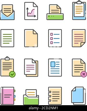 Les icônes de document vectoriel linéaire sont isolées sur une icône de papier blanche. Jeu d'icônes de document Office. Illustration de Vecteur