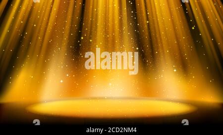 Scène dorée vide avec un arrière-plan sombre, place éclairé par des projecteurs dorés lumineux, des particules brillantes étincelantes. Toile de fond orange colorée pour un motif accrocheur Illustration de Vecteur