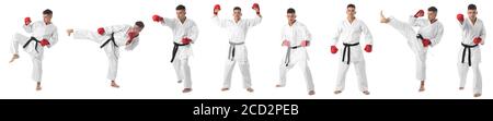 Taekwondo, judo, athlète de karaté. Ensemble de portraits complets d'homme en ceinture noire kimono blanche et gants rouges isolés sur fond blanc. Banque D'Images