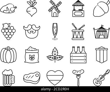 ensemble d'icônes de l'oktoberfest et de la tasse à bière sur fond blanc, style de ligne, illustration vectorielle Illustration de Vecteur