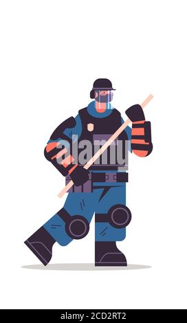 policier en équipement tactique complet tenant un officier de police anti-émeute de bâton les manifestants et les manifestations contrôlent le concept d'illustration verticale pleine longueur du vecteur Illustration de Vecteur