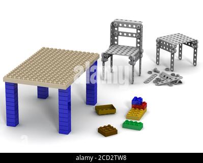Artisanat du concepteur. Chaise et table recueillies auprès d'un concepteur pour enfants et détails de la trousse de construction sur une surface blanche. Illustration 3D Banque D'Images