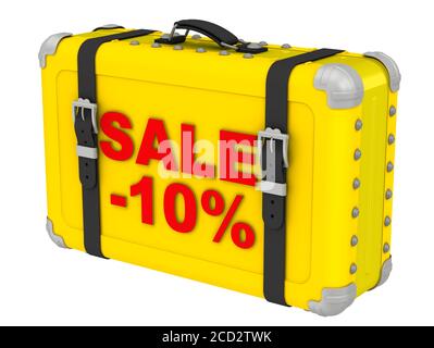 Remise de 10 % dans une valise jaune. Valise fermée jaune avec texte rouge SOLDE-10%. Isolé. Illustration 3D Banque D'Images