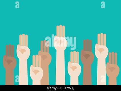 Mains levées montrant trois doigts saluent. Concept de protestation contre la dictature. Illustration vectorielle Illustration de Vecteur