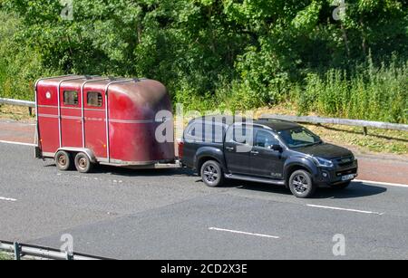 2016 lame Isuzu D-Max ; remorquage d'une fourgonnette à caisse simple rouge ; transport d'animaux en remorquage, sur l'autoroute M6, Lancashire, Royaume-Uni Banque D'Images