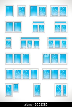 Liste des logos de fenêtres et de portes vitrées. Ensemble d'icônes vectorielles de fenêtres en plastique pour l'industrie du bâtiment, l'installation, les symboles avec systèmes ouverts et fermé Illustration de Vecteur