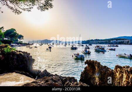 Vue sur la mer méditerranée avec bateaux, voiliers, ciel au coucher du soleil. Santa Ponsa, Majorque (Majorque), Espagne Banque D'Images