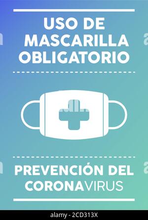 Affiche informative : utilisation obligatoire du masque écrit en espagnol. Prévention du coronavirus. Illustration de Vecteur