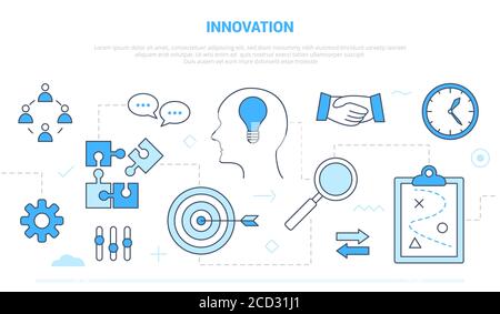 concept d'innovation avec l'équipe brainstorming idée invention campagne pour le site web bannière de la page d'accueil du modèle de page d'accueil avec style d'icône de contour Illustration de Vecteur