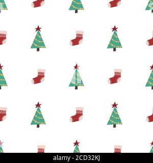 Motif rétro sans couture avec sapin de Noël et chaussette rouge pour un motif papier et tissu. Art traditionnel des vacances d'hiver. Style dessin animé. Fond de mode vectoriel. Illustration de Vecteur