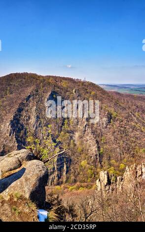 Pics de montagne avec buisson et neige dans les montagnes Harz avec Haus à Thale en arrière-plan. Allemagne Banque D'Images