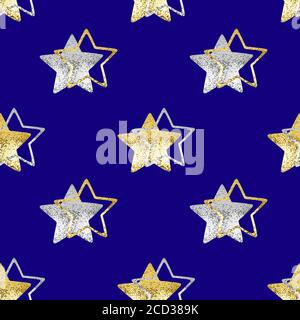 Motif sans couture étoiles dorées et argentées fond bleu isolé, décoration décorative à répétition étoiles brillantes, décoration lumineuse Сhristmas étoiles étoiles brillantes Banque D'Images