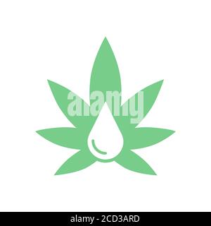 Icône d'une feuille de marijuana avec une goutte d'huile. Design plat et vert. Illustration de Vecteur