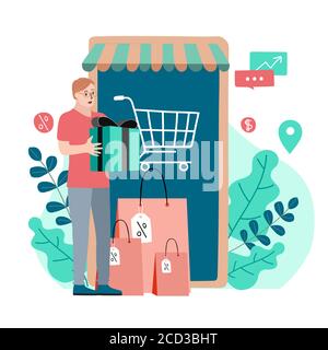 Achats en ligne sur le site Web ou Mobile application Vector concept Marketing et le marketing numérique. Illustration de Vecteur