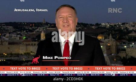 Dans cette image du flux vidéo de la Convention nationale républicaine, le Secrétaire d'État américain Mike Pompeo fait des remarques de Jérusalem au cours de la deuxième journée de la convention le mardi 25 août 2020. Crédit : Convention nationale républicaine via CNP/MediaPunch Banque D'Images