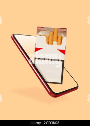 Votre smartphone ou autre appareil : tout ce dont vous avez besoin pour un style de vie moderne. CopySpace pour publicité. Achat, livraison de marchandises, achats en ligne et concept de services. Paquet de cigarettes sur l'écran tactile du smartphone. Banque D'Images