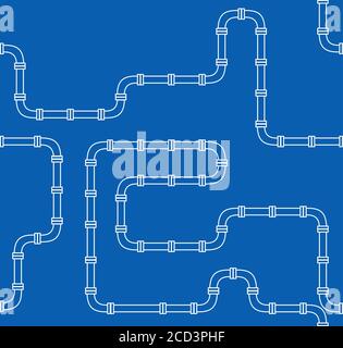 Modèle industriel sans couture. Tuyauterie blanche sur fond bleu. Tuyaux pour eau, gaz, pétrole. Répétition dans un style de dessin au trait. Illustration de Vecteur