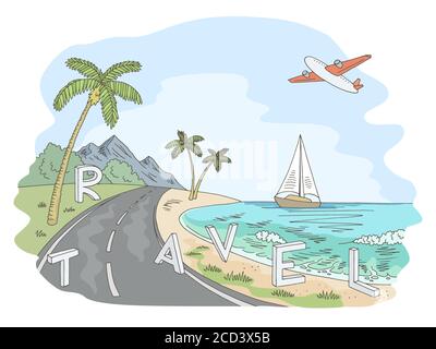 Voyage graphique mer côte route couleur paysage esquisse illustration vecteur Illustration de Vecteur