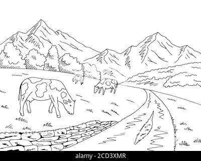 Vaches nourrissant de l'herbe dans un pré dans le graphique des montagnes vecteur d'illustration d'esquisse noir et blanc Illustration de Vecteur