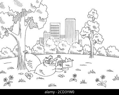 Illustration d'un croquis de paysage noir blanc représentant des déchets dans le parc naturel vecteur Illustration de Vecteur