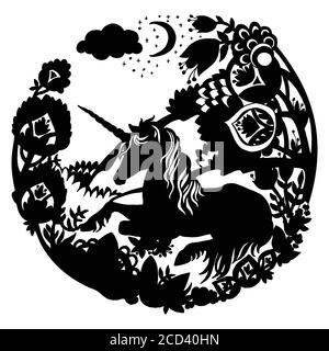 Modèle vectoriel unicorn avec arbres et fleurs en cercle. Illustration de silhouette noire isolée sur fond blanc. Pour impression, autocollants, Illustration de Vecteur