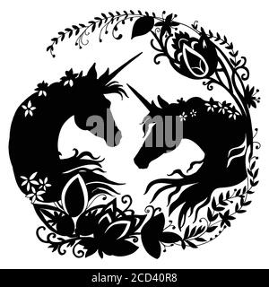 licorne vectoriel avec longue forme de cercle. Illustration de modèle de silhouette noire isolée sur fond blanc. Pour l'impression, les autocollants, le design, Illustration de Vecteur