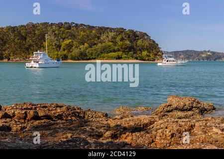 L'estuaire côtier de la plage de Paihia et de la baie des îles, Île du Nord, Nouvelle-Zélande. Banque D'Images