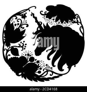 licorne élégante Vector avec longue forme de boucle. Illustration de modèle de silhouette noire isolée sur fond blanc. Pour impression, autocollants, Illustration de Vecteur