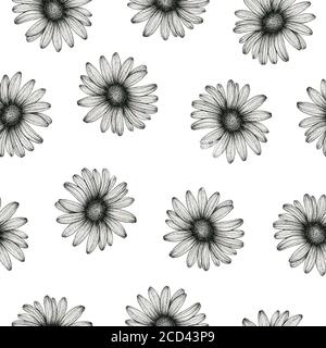 motif fleuri noir et blanc sans couture, illustration florale vintage dessinée à la main pour arrière-plans, emballage ou tissu, motif floral monochrome Banque D'Images