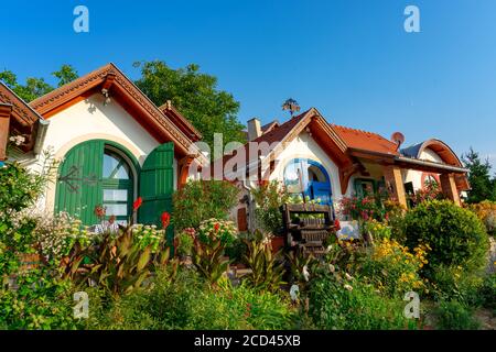 La presse colorée abrite de petites maisons de nanisme en Hongrie avec beaucoup de fleurs Banque D'Images