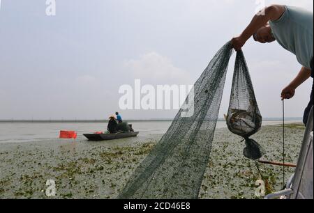 Les pêcheurs utilisent divers engins de pêche, dont des filets, pour pêcher, car la saison de pêche fermée se termine le 30 juin, dans le village de Zhangfuhe, dans la ville de Xishunhe, dans le district de Hongze Banque D'Images