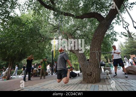 Une personne effectue une séance d'entraînement sur le visage dans un parc de la ville de Shenyang, province de Liaoning, dans le nord-est de la Chine, le 5 juillet 2020. « entraînement sur le visage » a été suspendu u Banque D'Images