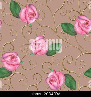 Motif baroque sans couture, parterres dorés et fleurs roses sur fond beige rose. Aquarelle roses roses dessinées à la main. Imprimé pour textile, papier peint Banque D'Images