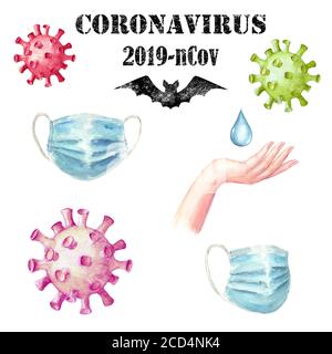 Ensemble de coronavirus 2019-nCoV avec lettrage noir, chauve-souris aquarelle dessinée à la main, masque facial, cellules, main, goutte d'eau isolée sur fond blanc. Éléments f Banque D'Images