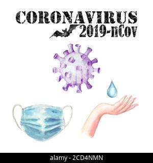 Jeu de coronavirus 2019-nCoV avec lettrage noir, chauve-souris aquarelle dessinée à la main, masque facial, cellule, main, goutte d'eau isolée sur fond blanc. Éléments pour Banque D'Images