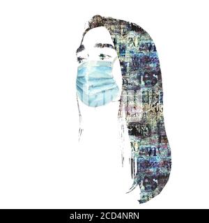 Collage de supports mixtes. Beau portrait de femme avec protection masque facial contre le coronavirus, pollution, virus, grippe avec impression de journal sur fond blanc Banque D'Images