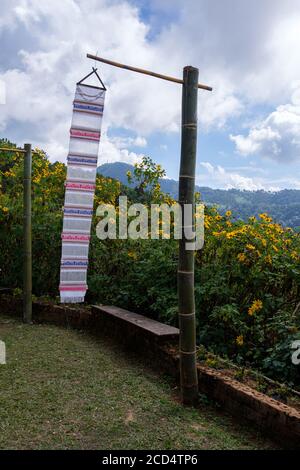 Le drapeau traditionnel de style thaïlandais du nord est décoré dans le jardin près du champ de tournesol mexicain (marigold d'arbre) sur la haute montagne de la natio Banque D'Images