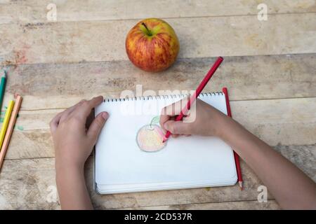 Les mains des enfants dessinent une pomme avec des crayons de couleur. Vue de dessus Banque D'Images